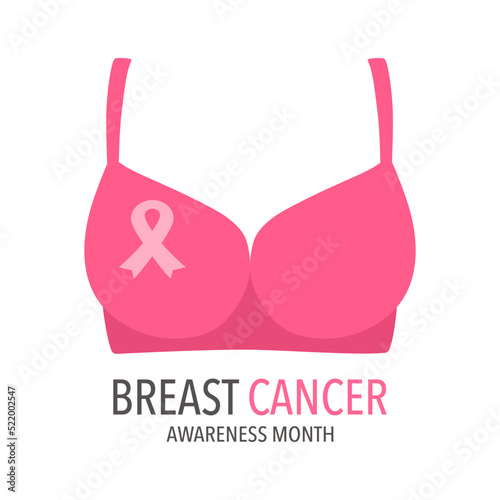 Pink ribbon logo on pink bra in flat design on white background. Breast cancer awareness month concept vector illustration.