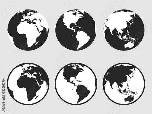 Realistic simple gray world map illustration in globe shape isolated on background. Vector icon set of globes of earth