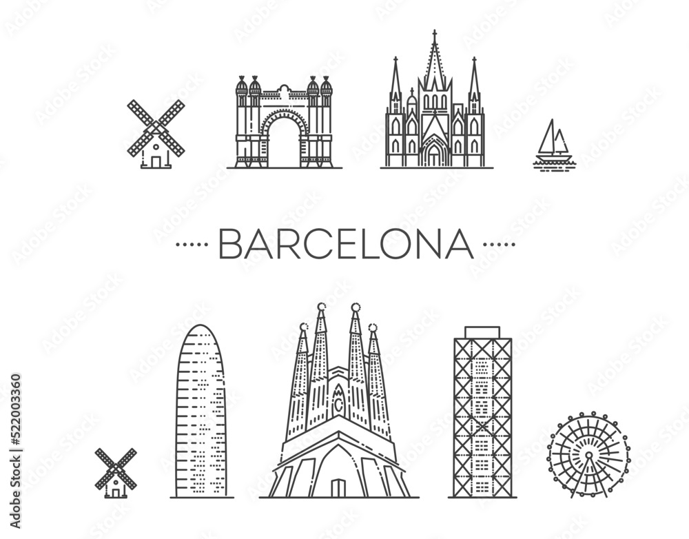 Fototapeta premium Barcelona skyline, Spain. Vector symbols