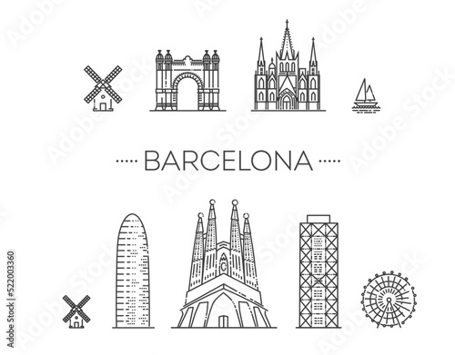 Barcelona skyline, Spain. Vector symbols