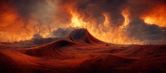 Keuken achterwand Bruin Post apocalyptic burning planet, barren desert dune landscape with inferno fire storms raging across at the horizon. Gorgeous surreal burnt orange and fiery red digital oil paint colors.  © Everlasting Dreams