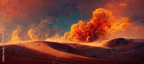 Tela Post apocalyptic burning planet, barren desert dune landscape with inferno fire storms raging across at the horizon