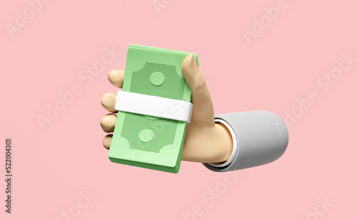 3D cartoon businessman hands holding banknote stack icons isolated on pink background. quick credit approval or loan approval concept, 3d render illustration