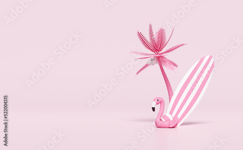 3d summer travel with flamingo, ball, coconut palm tree, surfboard isolated on pink pastel background. copy space concept, 3d render illustration