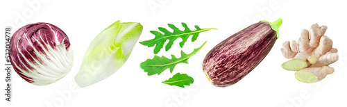 Radicchio, Chicoree, Ingwer, Rucola und Aubergine auf weissem Hintergrund photo