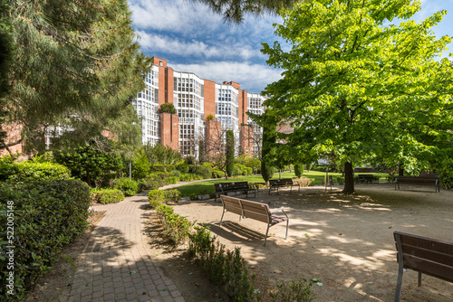 Cozy park for walking and resting. Modern residential complex in Barcelona, Spain