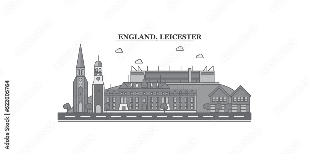 United Kingdom, Leicester city skyline isolated vector illustration, icons