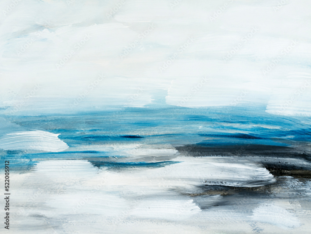 Abstract ocean landscape. Original painting. Hand drawn, impressionism style, blue color texture with copy space, brushstrokes of paint,  art background.