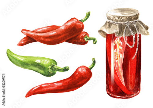 Canned Red hot chili pepper set. Hand drawn watercolor illustration, isolated on white background