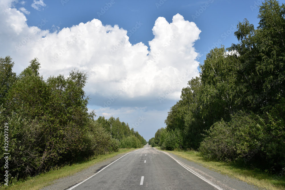 Fototapeta premium Thunderclouds on a summer day and a road in the countryside. A thunderstorm on a bright day.