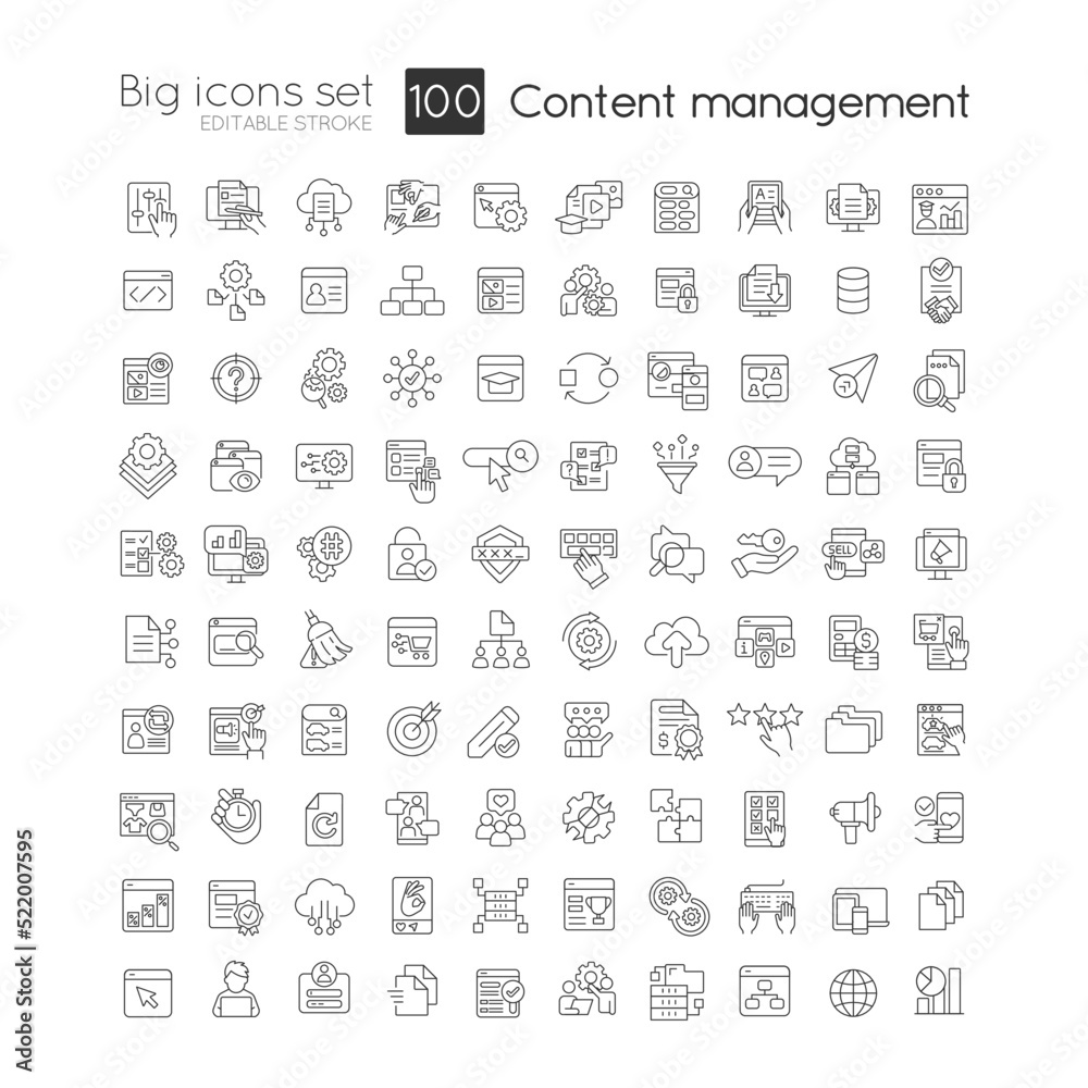 Content management system linear icons set. Digital experience. Social media. Customizable thin line symbols. Isolated vector outline illustrations. Editable stroke. Quicksand-Light font used