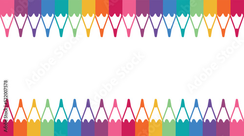 Vector background with colored pencils, crayons. Colorful pencils in a row on white copy space. Collection colored pencils rows for banner preschool kids, templates for invitation, banner and poster