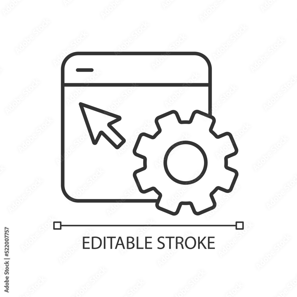 Website settings configuration linear icon. Page content modification. Kind of website. Customization. Thin line illustration. Contour symbol. Vector outline drawing. Editable stroke. Arial font used