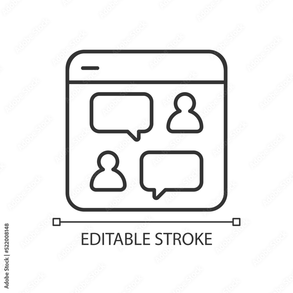 Live chat linear icon. Commenting platform. Kind of website. Online communication in real-time. Thin line illustration. Contour symbol. Vector outline drawing. Editable stroke. Arial font used Live chat linear icon. Commenting platform. Kind of website. Online communication in real-time. Thin line illustration. Contour symbol. Vector outline drawing. Editable stroke. Arial font used