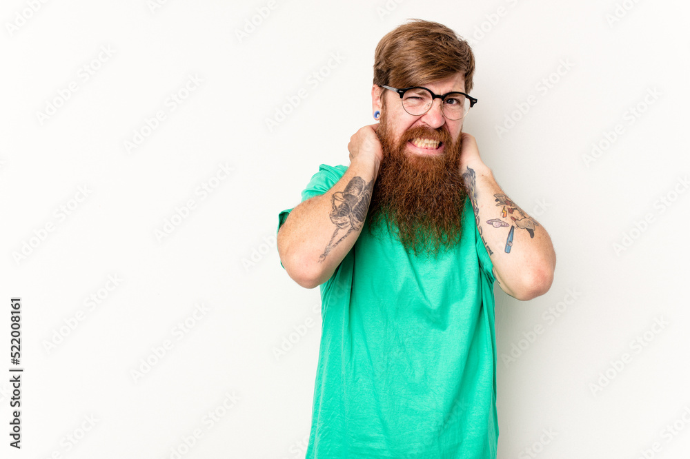 Young caucasian red-haired man isolated on white background touching back of head, thinking and making a choice. Young caucasian red-haired man isolated on white background touching back of head, thinking and making a choice.