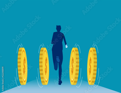 Businessman run forward with coins. Business investor vector concept