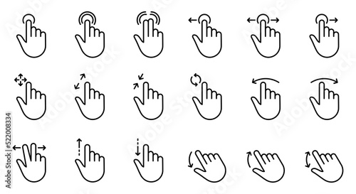 Hand Finger Touch  Swipe and Drag Outline Icon Set. Pinch Screen  Rotate Up Down on Screen Line Icon. Gesture Slide Left and Right Linear Pictogram. Editable Stroke. Isolated Vector Illustration