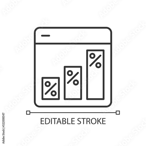 Graph in data analytics linear icon. Analytics and statistics. Kind of website. Network analysis. Thin line illustration. Contour symbol. Vector outline drawing. Editable stroke. Arial font used