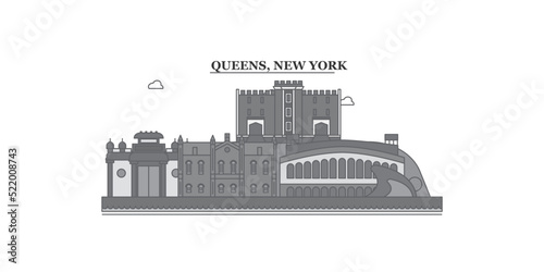 United States, New York Queens city skyline isolated vector illustration, icons