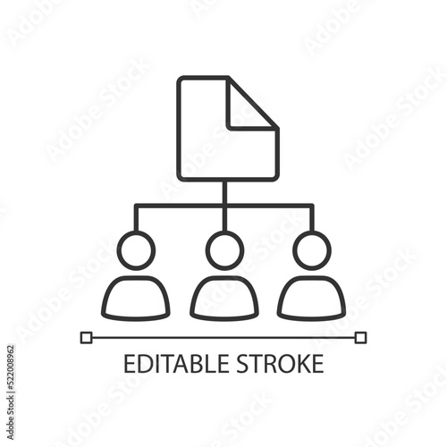 Sharing file with different users linear icon. Access to document for multiple accounts. Permissions. Thin line illustration. Contour symbol. Vector outline drawing. Editable stroke. Arial font used