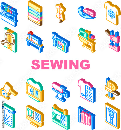 factory sewing sew machine icons set vector. tailor fabricthread, textile fashion, needle industry, needlework, woman seamstress factory sewing sew machine isometric sign illustrations