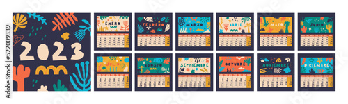 Spanish calendar for 2023. Week starts on Monday, 12 months. Cute multicolor vector calendar with flora drawings.