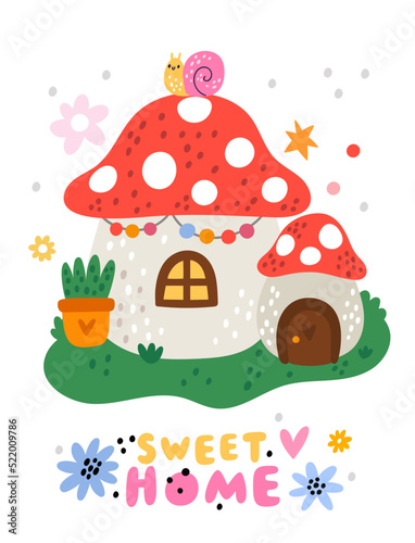 Cute garden gnomes poster. Cartoon mushroom house. Magic agaric building with window and door. Amanita roof. Sweet home. Fairy tale cottage. Fantasy architecture. Vector illustration photo