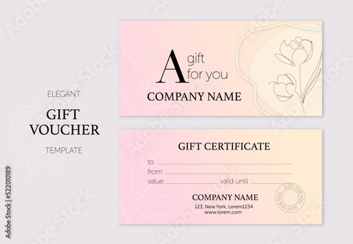 Set of modern gift cards template. Modern style beige vector illustration of flowers on pink beige background for saloon, gallery, spa, shop. Gift voucher coupon certificate