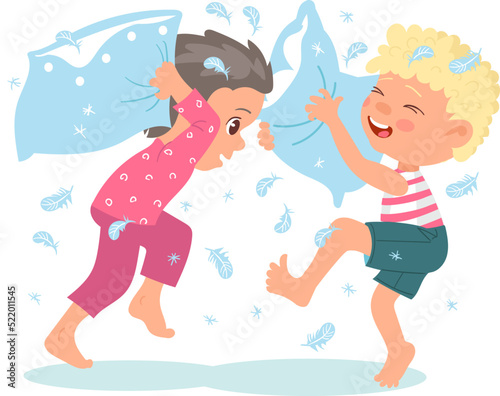 Kids destroy. Children bad behavior. Hyperactive boys fight with pillows. Destructive games. Home mess. Flying feathers. Friends playing together. Cushions battle. Vector illustration