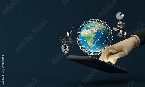 Businessman using mobile smart phone. Business global internet connection application technology and digital marketing  Financial and banking  Digital link tech  big data. cartoon model -3d rendering