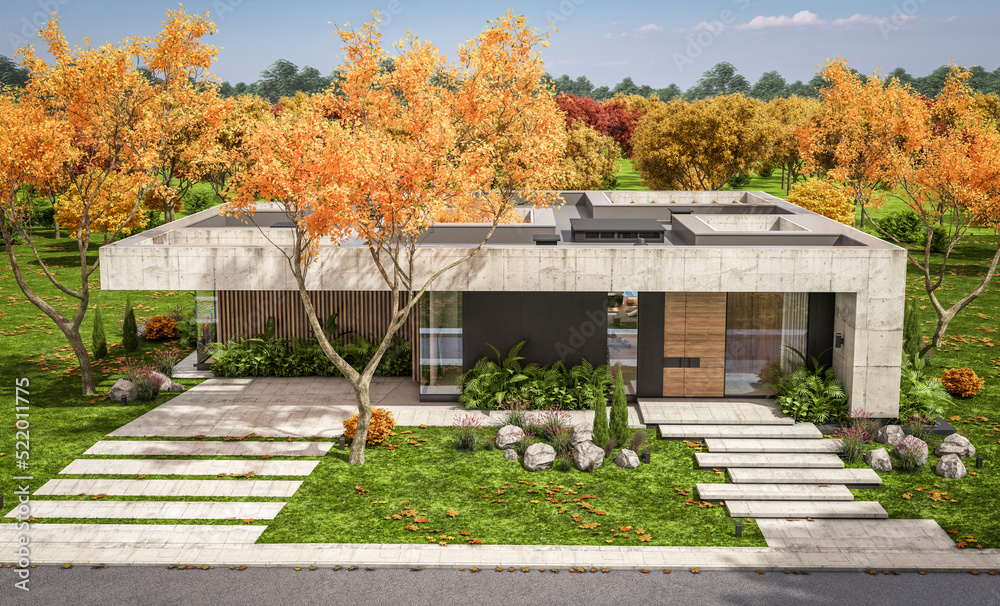 3d rendering of new concrete house in modern style with pool and parking for sale or rent and beautiful landscaping on background. The house has only one floor Clear sunny autumn day with golden leavs 3d rendering of new concrete house in modern style with pool and parking for sale or rent and beautiful landscaping on background. The house has only one floor Clear sunny autumn day with golden leavs