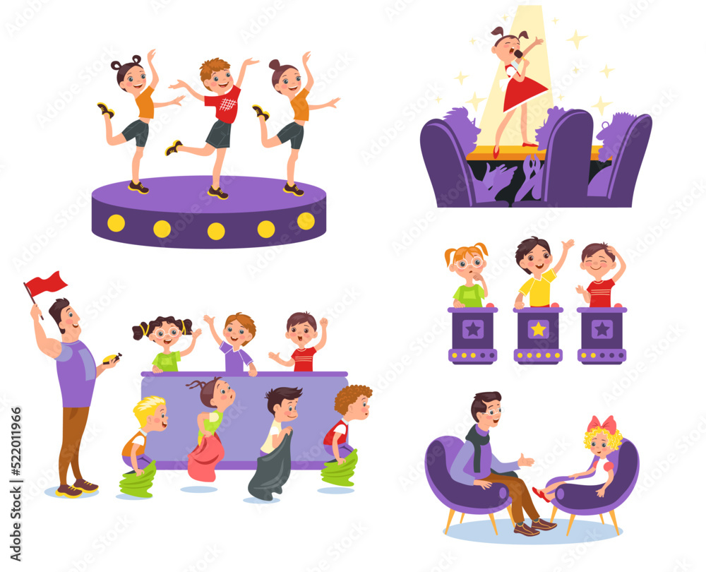 Kids TV show. Erudition quiz and talent competition. Childish media programs. Music and sport contests. Studio with hosts and jury. Television projects participants. Splendid vector set