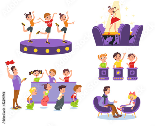 Kids TV show. Erudition quiz and talent competition. Childish media programs. Music and sport contests. Studio with hosts and jury. Television projects participants. Splendid vector set