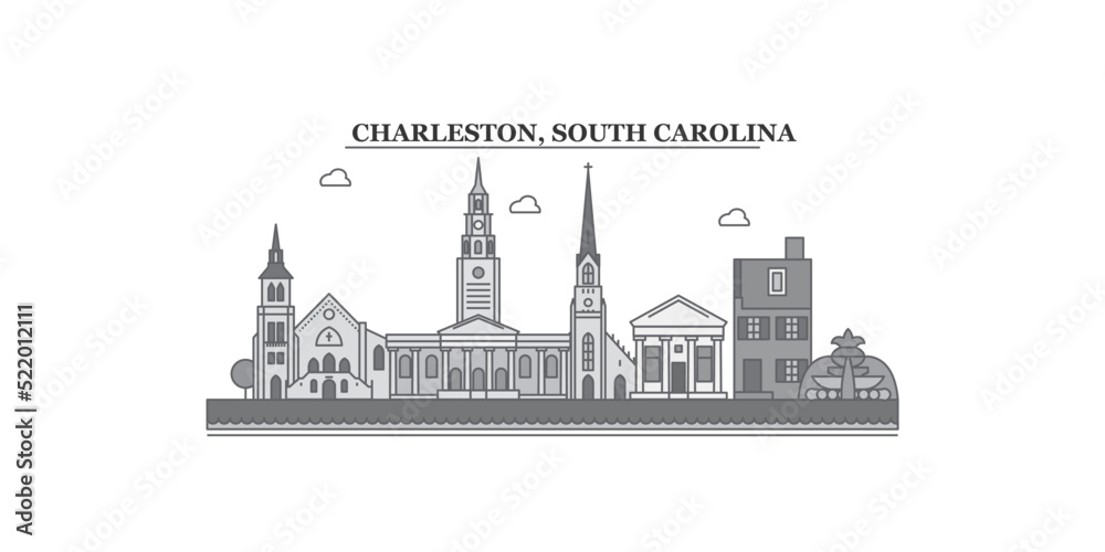 Fototapeta premium United States, Charleston South Carolina city skyline isolated vector illustration, icons