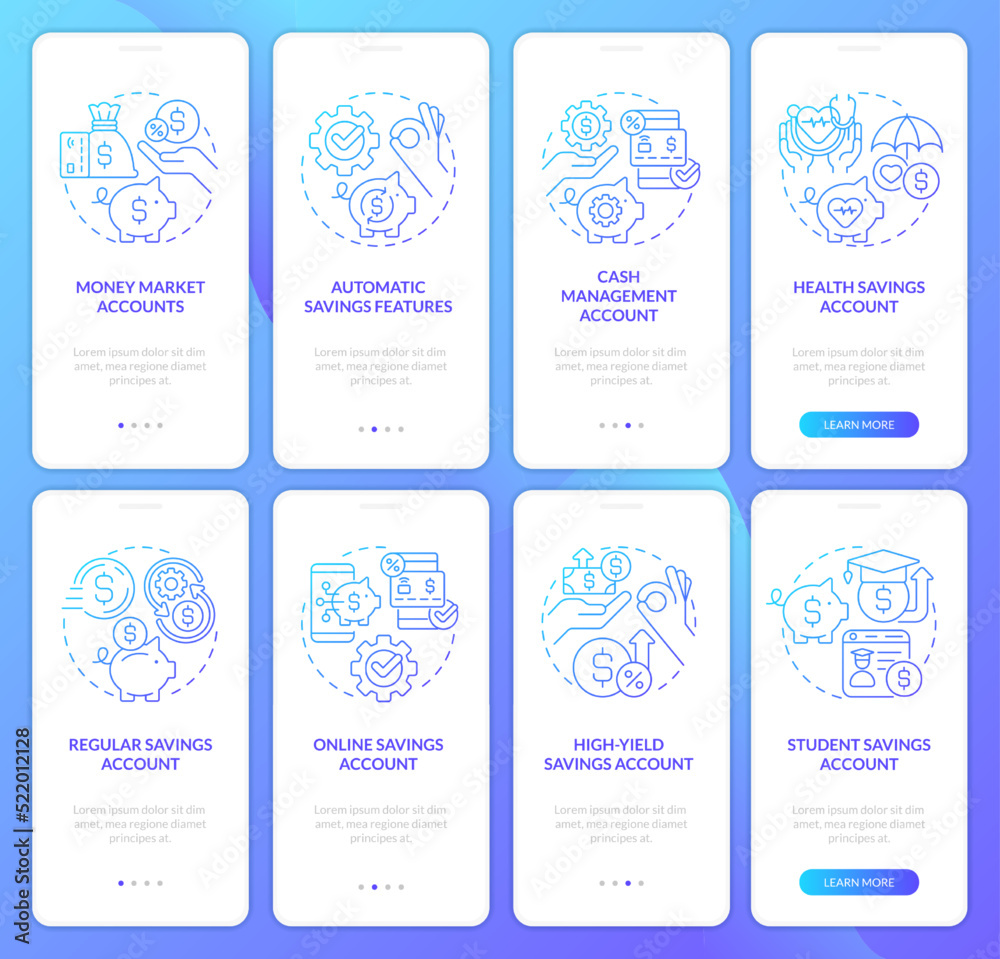Saving accounts types blue gradient onboarding mobile app screen set. Money walkthrough 4 steps graphic instructions with linear concepts. UI, UX, GUI template. Myriad Pro-Bold, Regular fonts used
