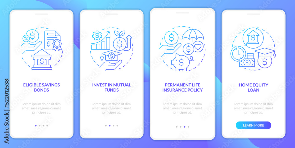 Ways to save for college blue gradient onboarding mobile app screen. Finance walkthrough 4 steps graphic instructions with linear concepts. UI, UX, GUI template. Myriad Pro-Bold, Regular fonts used