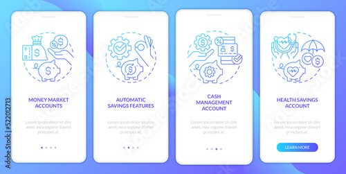 Saving accounts types blue gradient onboarding mobile app screen. Bank walkthrough 4 steps graphic instructions with linear concepts. UI, UX, GUI template. Myriad Pro-Bold, Regular fonts used