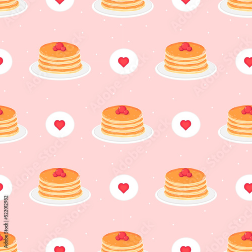 Stack of pancakes with berries on plate pattern with hearts on pink background, cute food ornament for menu design
