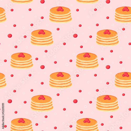 Stack of pancakes on plate pattern with berries on pink background, cute food ornament for menu design