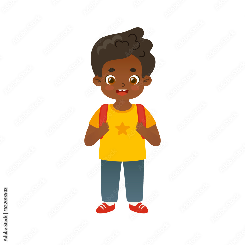 Cute african american school boy with backpack. Cartoon happy student standing.