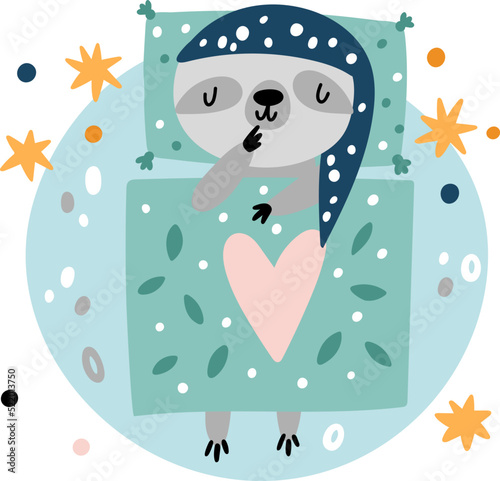 Sleepy animal. Happy baby sleeping on moon. Cartoon creatures dreaming in bed under blanket. Sloth in nightcap lying on moon. Stars and planet. Napping mammal. Vector night relaxation