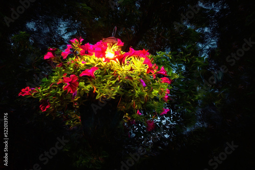 A bush of Campsis flowers among the leaves is illuminated by a lantern. Illustration