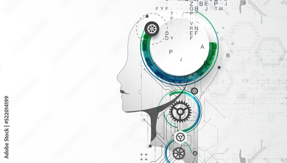 Obraz premium Artificial Intelligence. Technical background with a silhouette of a man. Big data concept. Machine cyber mind.