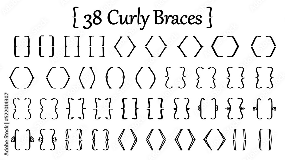 Set of 38 various black curly braces isolated on white background Round