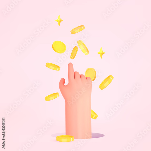 3d render money fly and hand on pink background. Cash money. Rain of gold coins.Bonus, cashback, discount, profit cartoon concept. Vector illustration