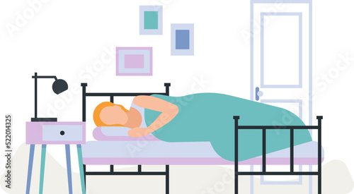 Woman sleeping in bed. House bedroom interior