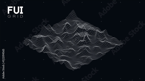 FUI GUI 3D Vector Landscape Scan Grid. Abstract futuristic background. Sci-Fi Hi-Tech design