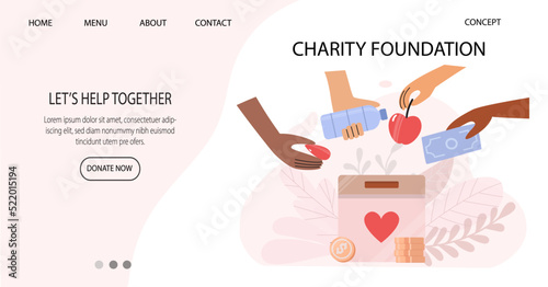 Landing page with many hands with various donations.  Charity concept. Donate blood, water, money, food. Non-profit organizations and humanitarian aid visualization.