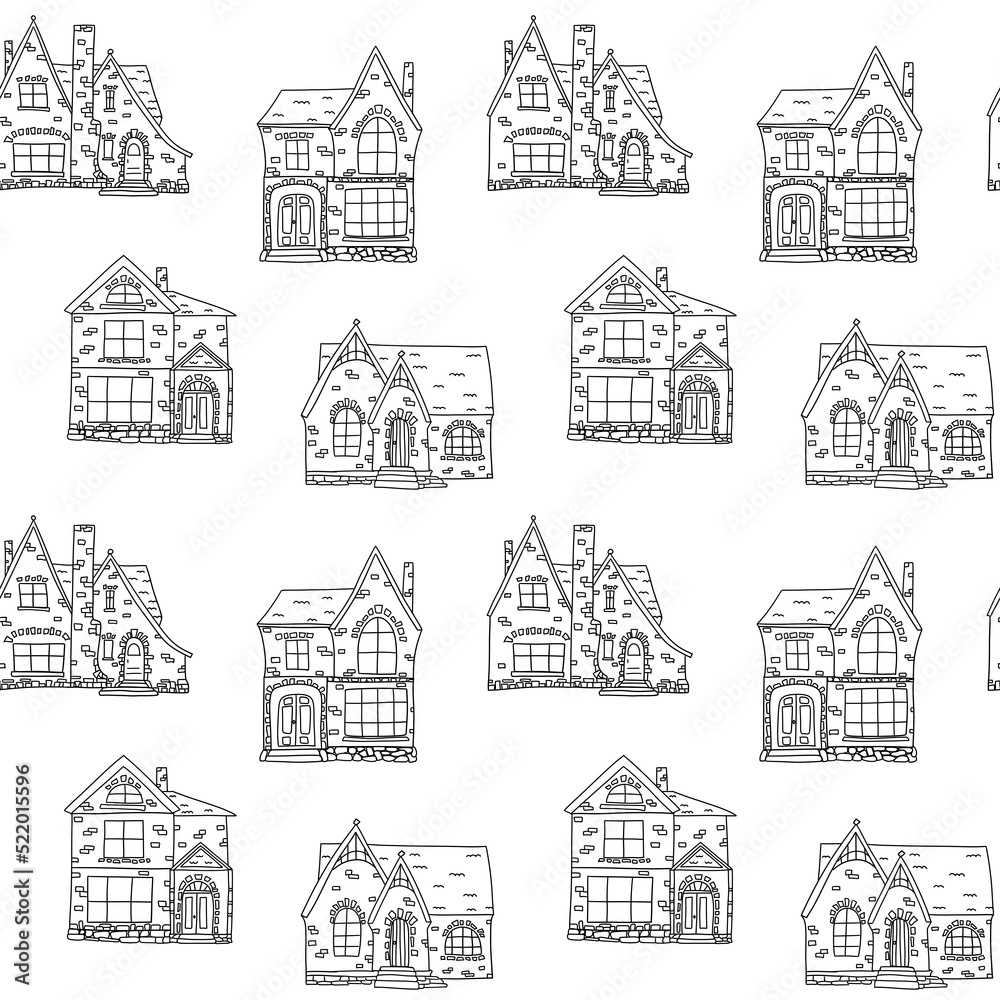 Seamless pattern with cute houses or castle. Residential district. Small houses in urban, suburban or countryside landscape for surface design and other design projects