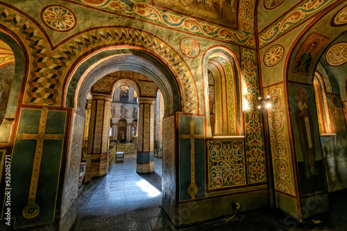 Interior of the St. Sophia Cathedral with mosaic  painting frescoes on the wall and the golden altar. Kyiv  Ukraine